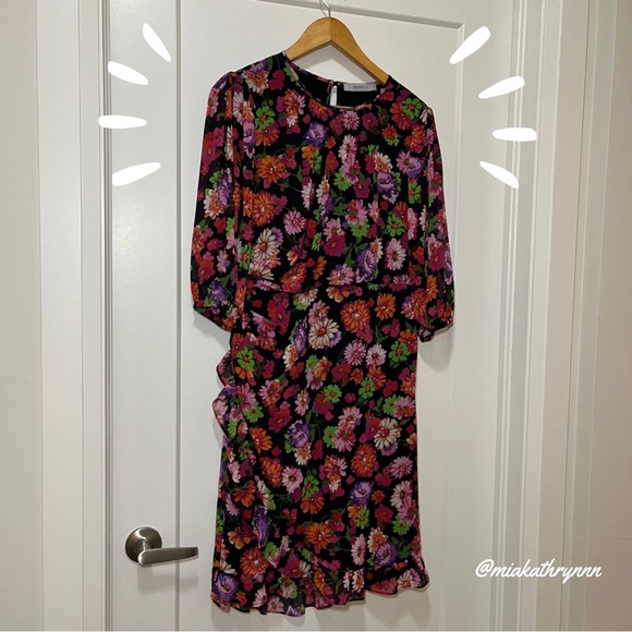 MARELLA - Deep Fuchsia - Floral Ruffle - Long-Sleeve Dress - Women’s 10 - Picture 1 of 11